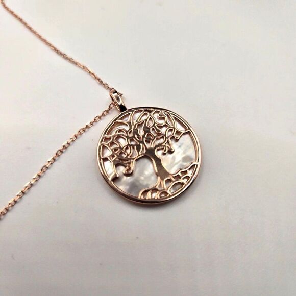 Tree Of Life Rose Gold Necklace Mother Of Pearl Pendant 18" Chain Sterling 925 G - Picture 1 of 5